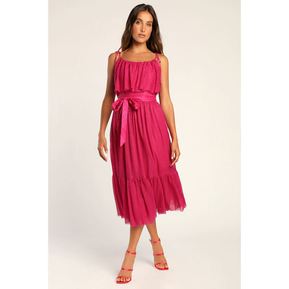 Lulus Best Flirt Forward Magenta Shiny Mesh Tie-strap Midi Dress Pink - Size XL